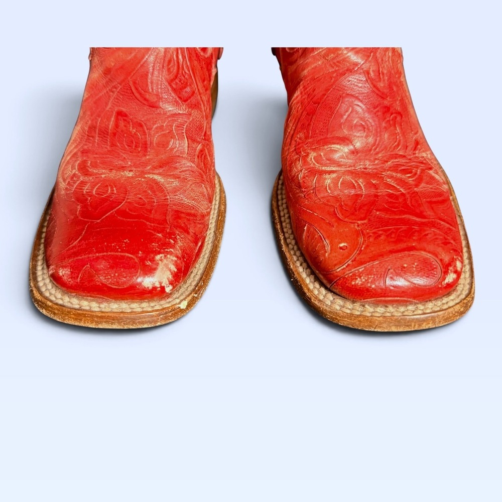Vintage Dan Post Red Tooled Leather Cowboy Boots Women 7.5 M Square Toe Western - Picture 8 of 12